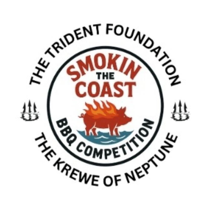 A fiery pig stands in water within a circular logo for "Smokin' the Coast BBQ Competition" by The Trident Foundation and The Krewe of Neptune, set against a white background.