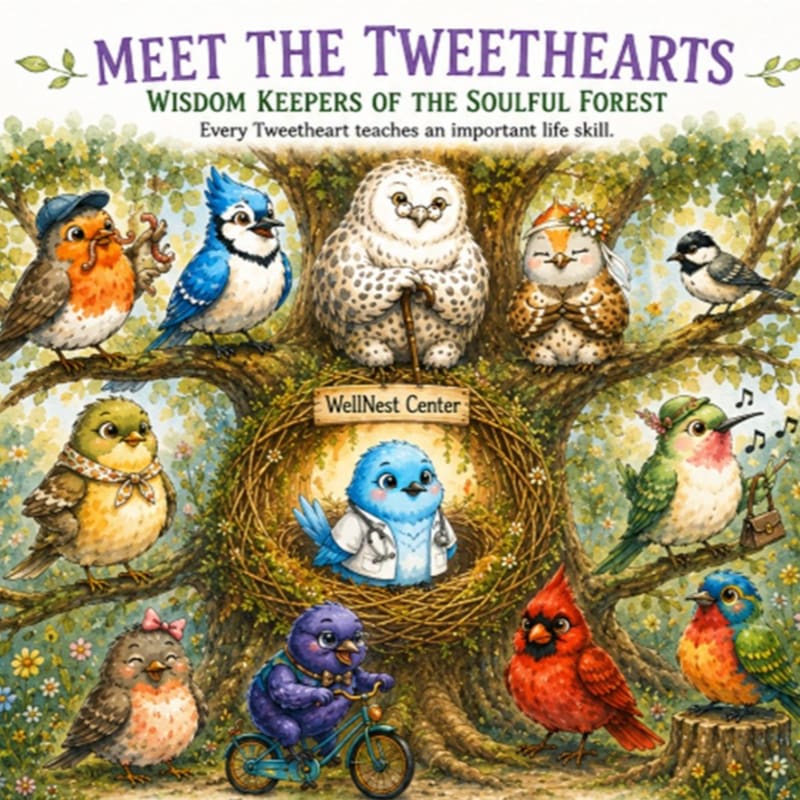 A vibrant illustration features a collection of charming, anthropomorphic birds perched on tree branches in a lush forest, with a central nest containing a bluebird in a doctor's coat.