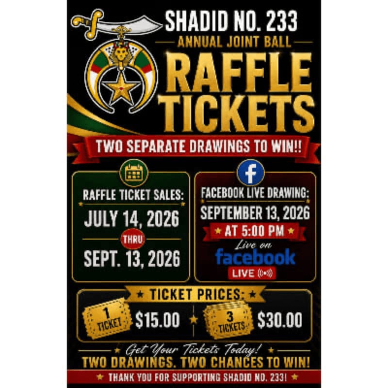 A poster advertises raffle tickets for Shadid No. 233's Annual Joint Ball, with ticket sales and drawing dates, prices, and a Facebook Live event clearly displayed against a dark background with gold and red accents.
