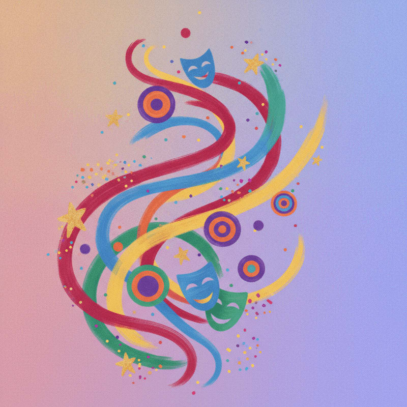 Colorful streamers, masks, and confetti swirl in the foreground against a gradient background of pink and purple.