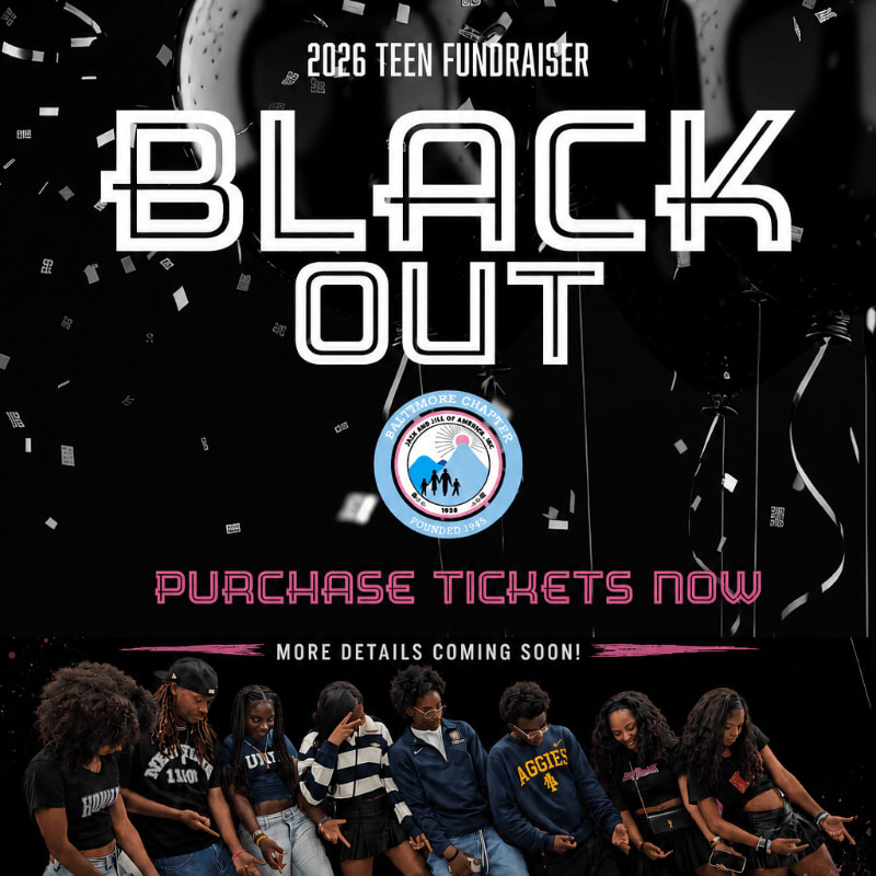 A group of young people in the foreground are illuminated against a dark background with confetti and the words "BLACK OUT 2026 TEEN FUNDRAISER" and "PURCHASE TICKETS NOW" displayed prominently.