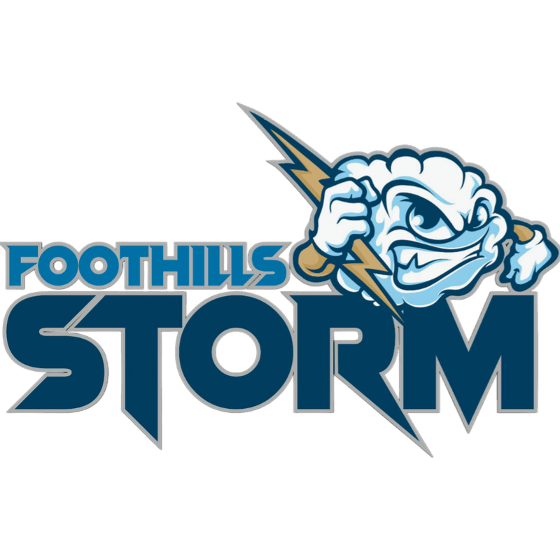 A cartoon storm cloud with a lightning bolt is superimposed over the words "FOOTHILLS STORM" on a white background.