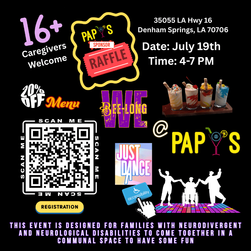A black background features a raffle ticket, a QR code, and dancing silhouettes in the foreground, with event details and dessert images in the background.