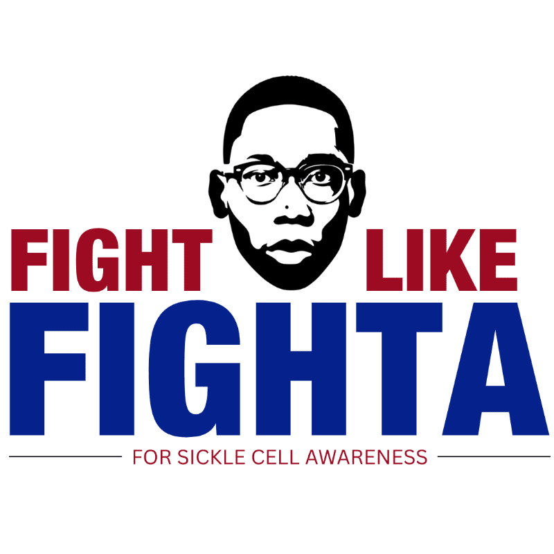 A black and white portrait of a man wearing glasses is centered above bold red and blue text that reads "FIGHT LIKE FIGHTA" with a thin line and "FOR SICKLE CELL AWARENESS" below it, all on a white background.