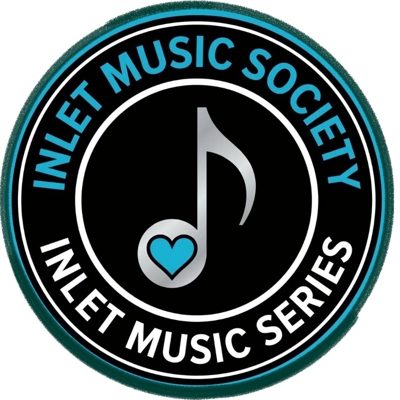 A silver musical note with a blue heart replaces the flag of the treble clef, set within a circular logo for "INLET MUSIC SOCIETY INLET MUSIC SERIES" against a dark background.