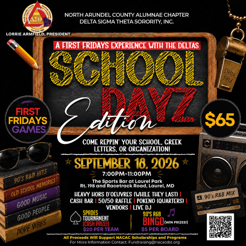 In the foreground, a stack of books with 90s-themed titles sits next to a boombox and a QR code, while the background features a chalkboard-style advertisement for a "School Dayz Edition" event hosted by Delta Sigma Theta Sorority.