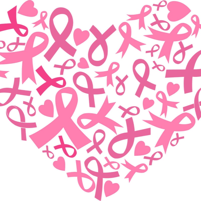 A heart-shaped collage of pink ribbons and hearts fills the foreground against a white background.