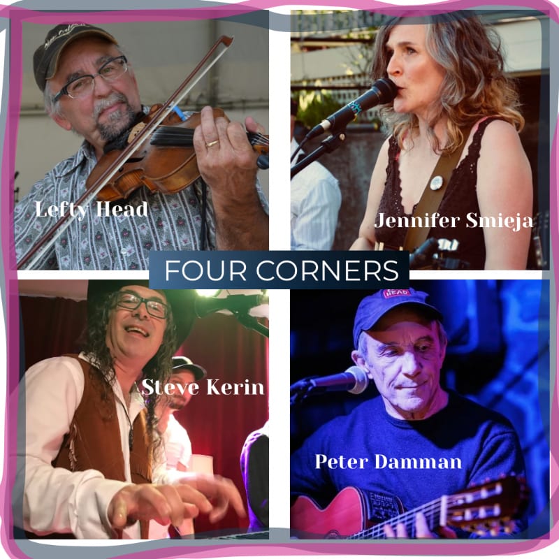 Four musicians, Lefty Head playing violin in the top left, Jennifer Smieja singing into a microphone in the top right, Steve Kerin playing piano in the bottom left, and Peter Damman playing guitar in the bottom right, are featured in a collage with the title "FOUR CORNERS" in the center.