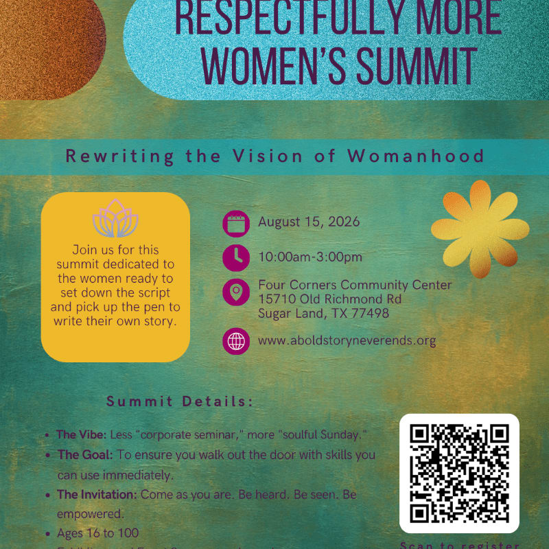 A yellow box with text about a women's summit is in the foreground, set against a textured teal and green background with floral accents and a QR code.