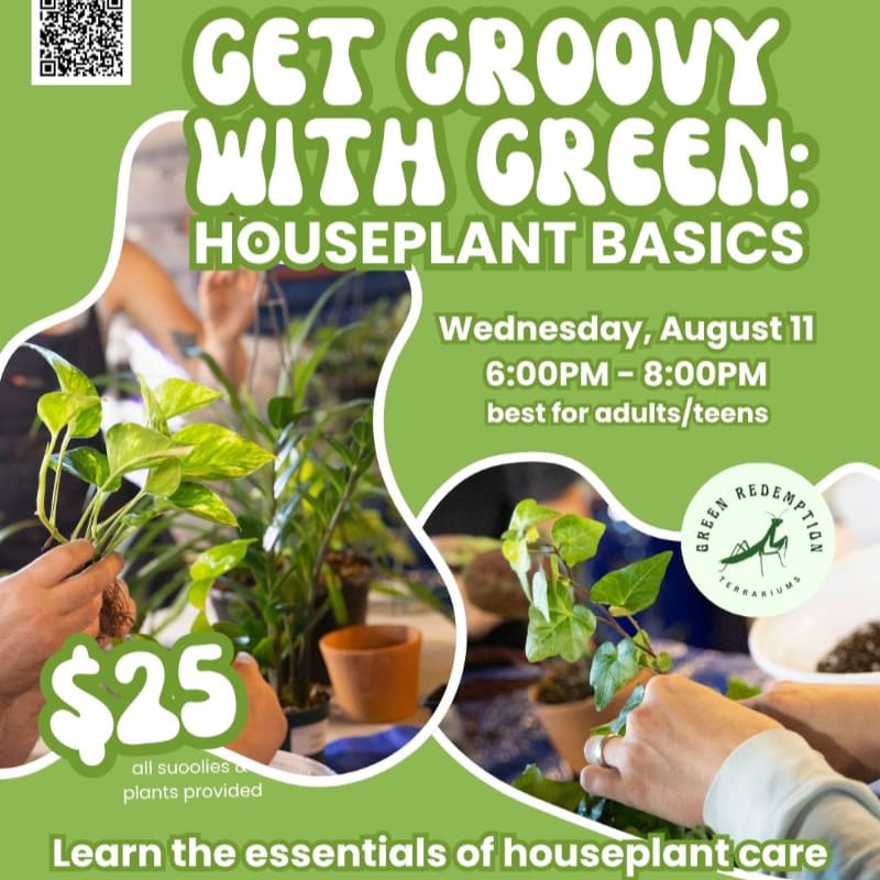 Hands are shown potting plants in the foreground, with event details for a houseplant basics workshop in the background.