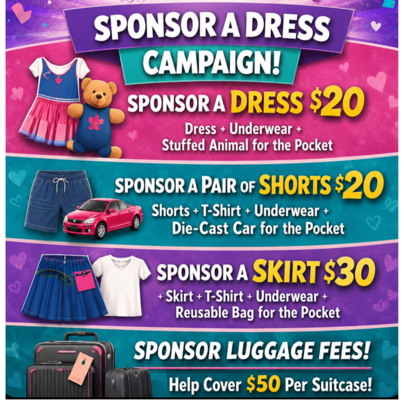 A colorful graphic advertises a "Sponsor a Dress Campaign" with images of clothing items and accessories in the foreground, set against a vibrant, heart-patterned background.