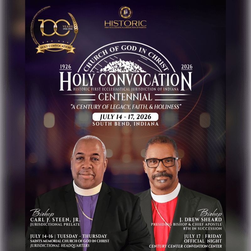 Two bishops are featured in the foreground of a poster announcing the Holy Convocation Centennial celebration in South Bend, Indiana, with a blurred background of lights.