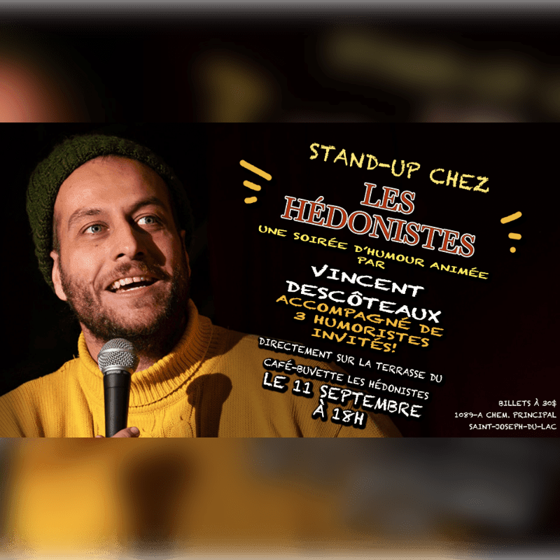 A comedian in a yellow turtleneck and green beanie holds a microphone in the foreground, while the background displays event details for a stand-up comedy night.