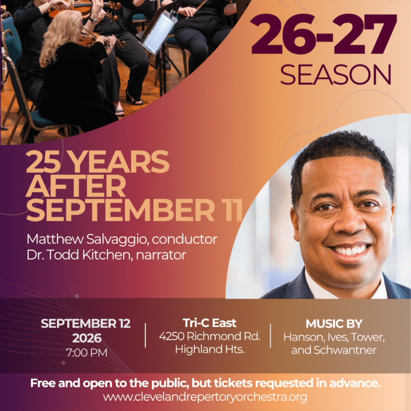 An orchestra performs in the background, while a smiling man and event details fill the foreground.