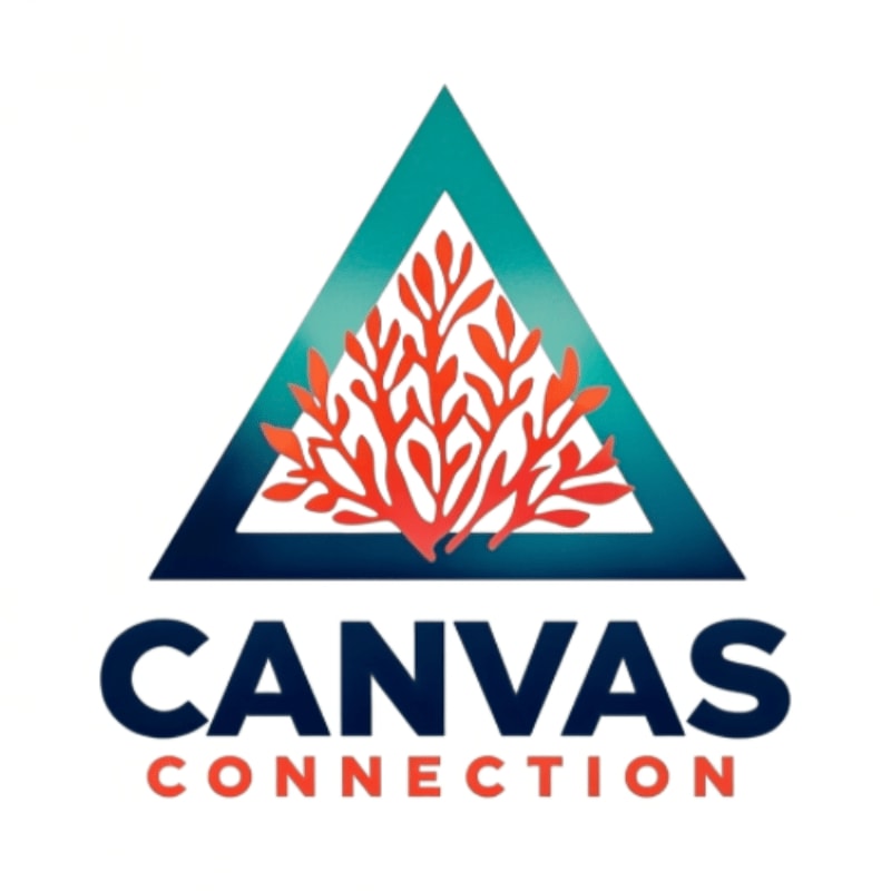 A vibrant red coral branch is centered within a teal triangle, with the words "CANVAS CONNECTION" in dark blue and red text below.