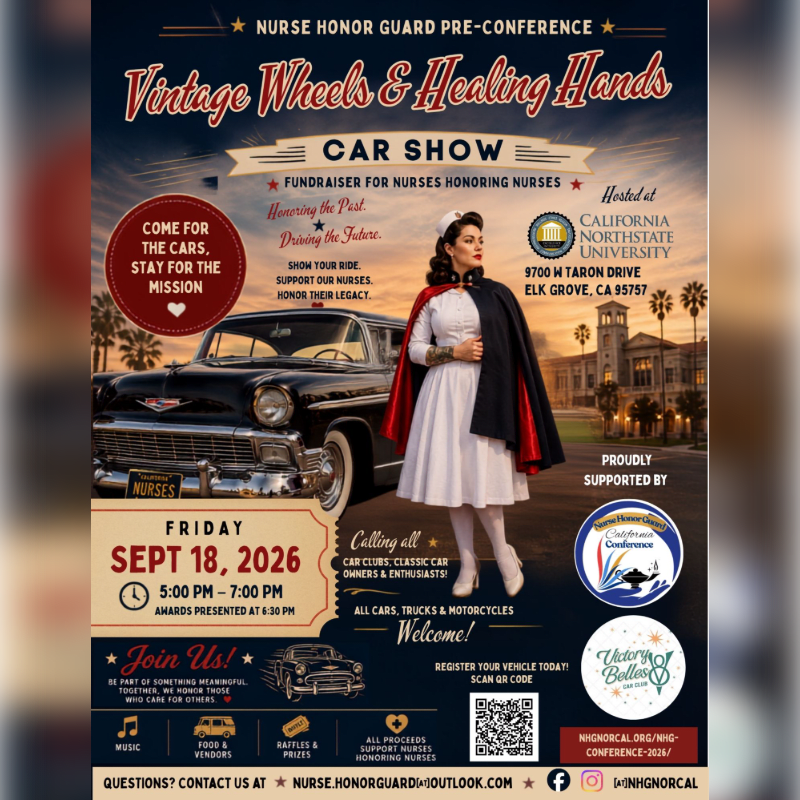 A vintage car and a nurse in uniform are featured in the foreground of a poster advertising a car show fundraiser for nurses, with the California Northstate University building visible in the background.