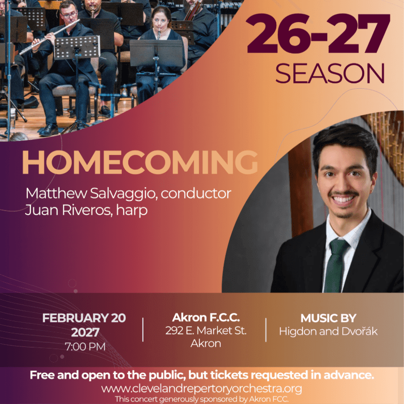 A concert poster for the "Homecoming" season features an orchestra in the background and a smiling harpist in the foreground, with event details at the bottom.