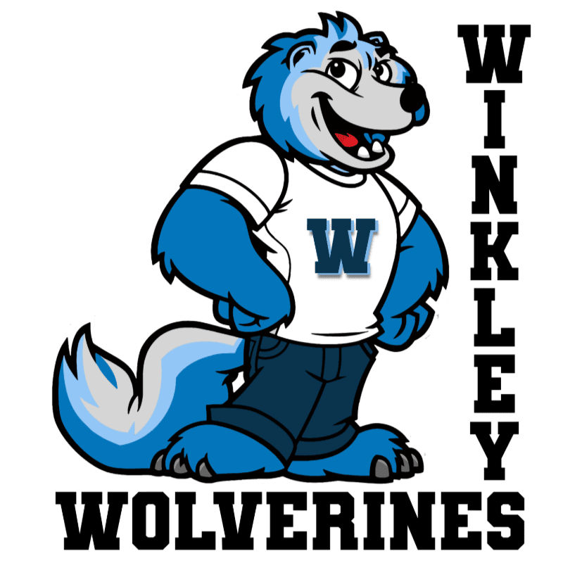 A blue wolverine mascot wearing a white t-shirt with a "W" and blue jeans stands in front of a white background with the words "WINKLEY WOLVERINES" in large black letters.