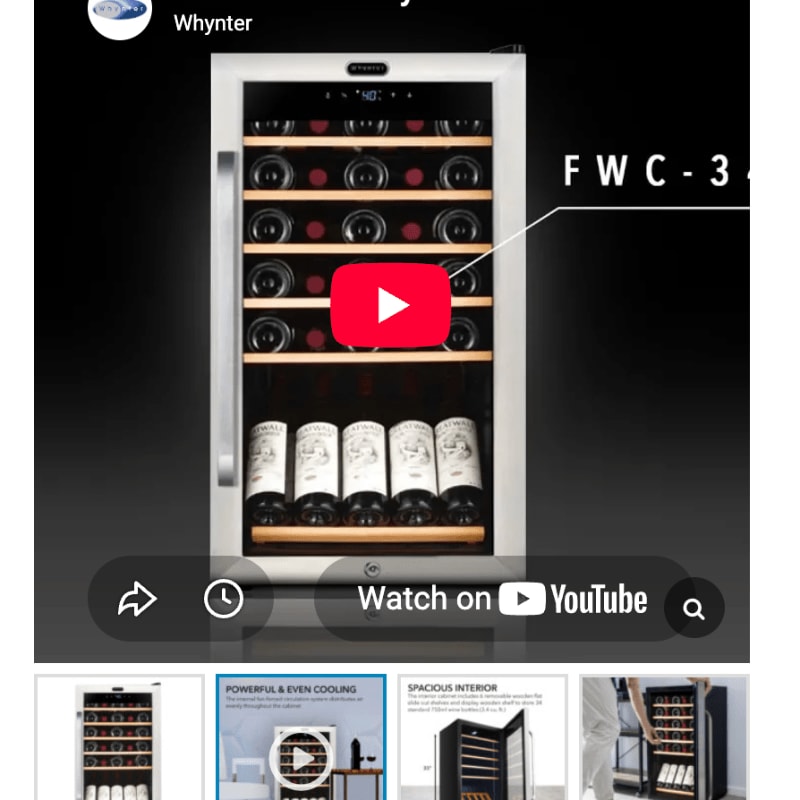 A wine cooler filled with bottles is displayed in the foreground against a dark background with a YouTube play button overlay.
