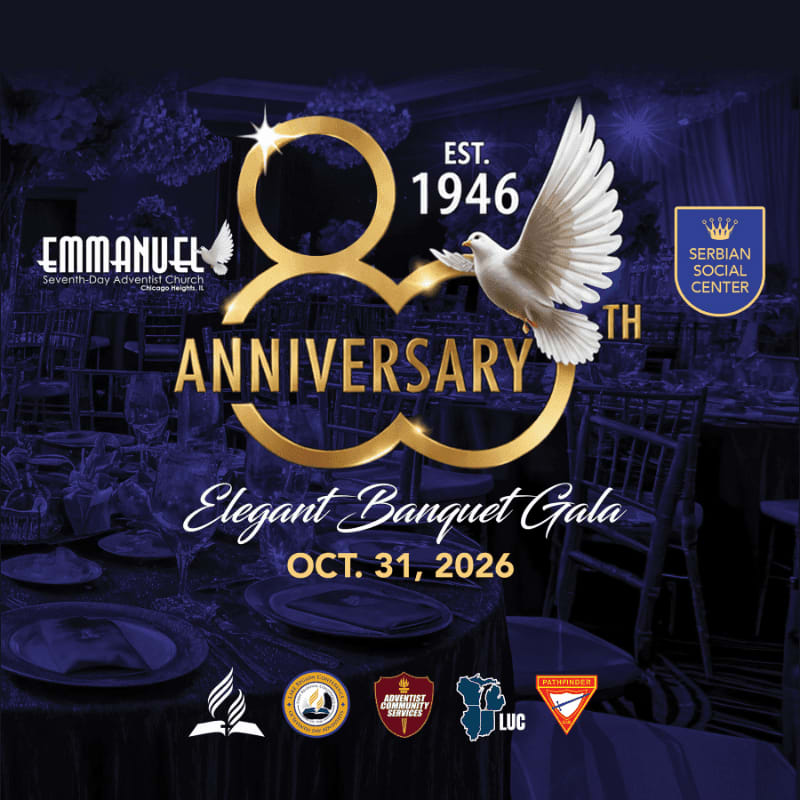 A formal banquet setting with elegant table arrangements in the foreground is overlaid with a large "80th Anniversary" graphic featuring a dove and event details in the background.