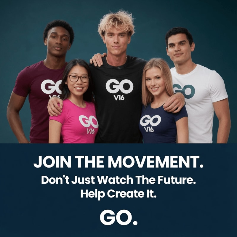 Five young adults in branded t-shirts stand against a dark blue background, with bold white text below them.