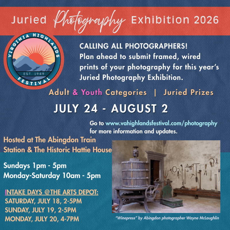 A poster for a juried photography exhibition in 2026 is displayed with event details in the upper portion and a photograph of an antique winepress in the lower right background.