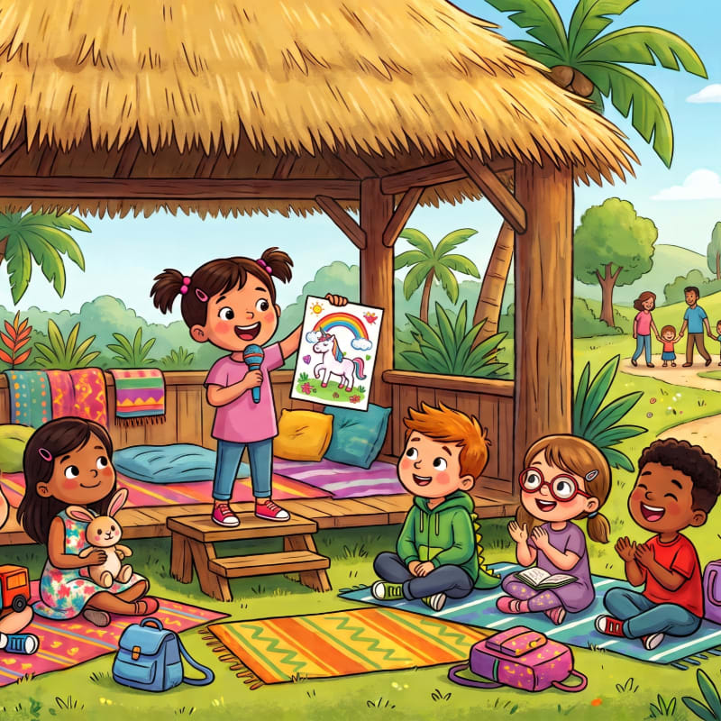 A young girl presents a unicorn drawing to a group of children sitting on colorful mats in front of a thatched-roof hut, with palm trees and a path with people in the background.