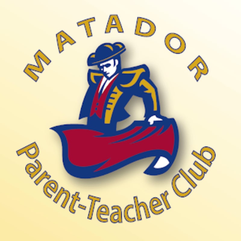 A matador in traditional attire is depicted in the foreground, with the words "MATADOR Parent-Teacher Club" encircling him against a soft yellow gradient background.