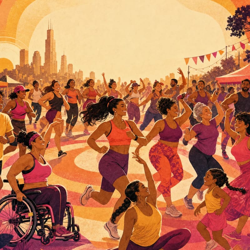 A diverse group of people, including someone in a wheelchair, joyfully dance outdoors with a city skyline in the background under a colorful, abstract sky.