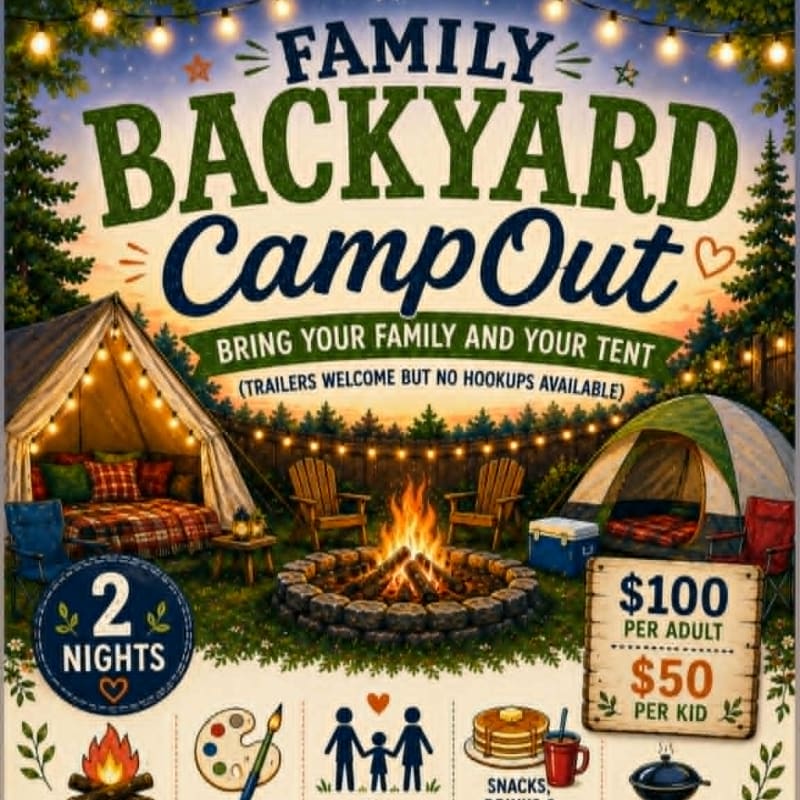 A cozy backyard campsite with tents, a fire pit, and string lights is advertised for a family campout.