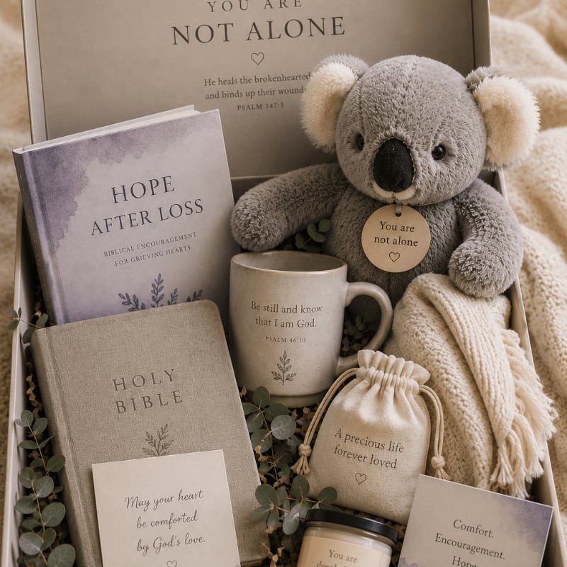 A comforting gift box filled with a Bible, a book titled "Hope After Loss," a mug, a candle, a small pouch, and a plush koala sits on a soft, textured surface.