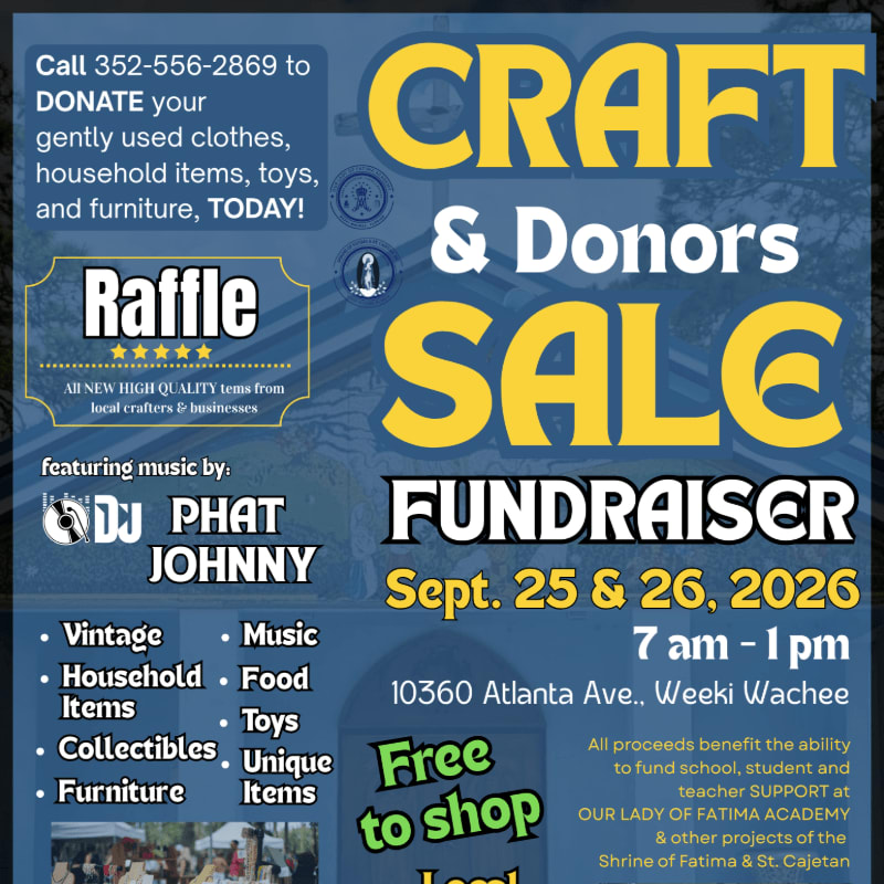 A flyer advertises a "Craft & Donors Sale Fundraiser" on September 25th and 26th, 2026, featuring music by DJ Phat Johnny and a raffle, with a background of blue and yellow text and graphics.