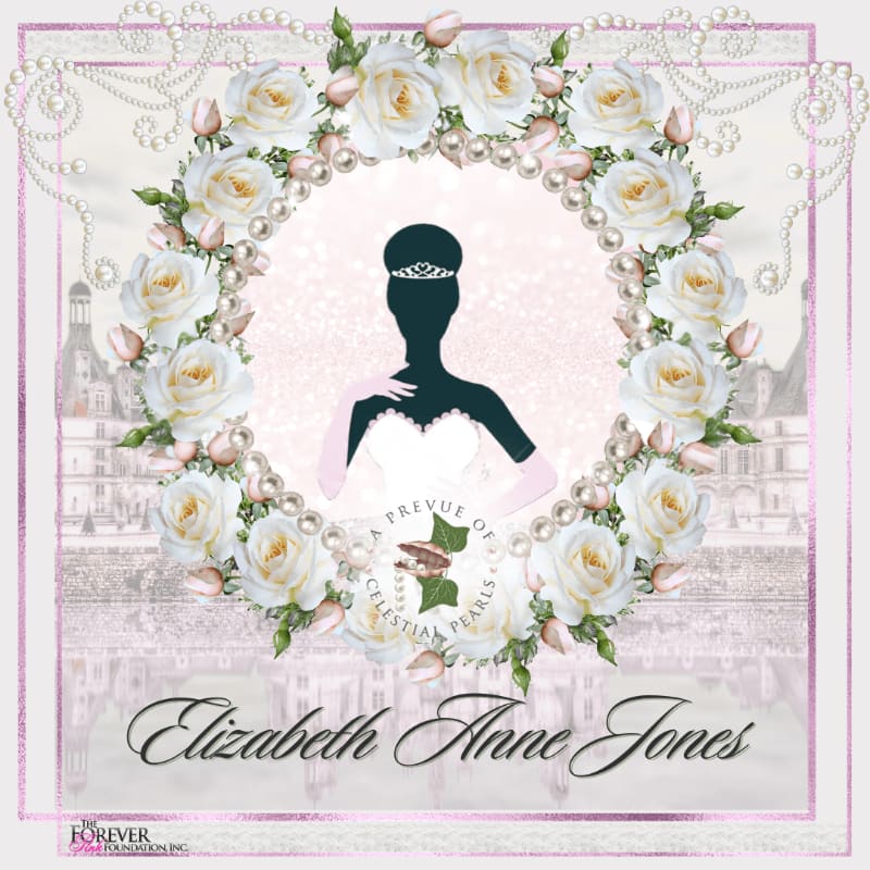 A silhouette of a bride in a wedding dress is framed by a wreath of white roses and pearls, with a castle in the background and the name "Elizabeth Anne Jones" in elegant script below.