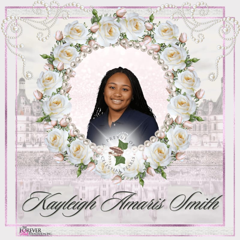 A young woman is framed by a wreath of white roses and pearls, with a castle in the background and her name written below.