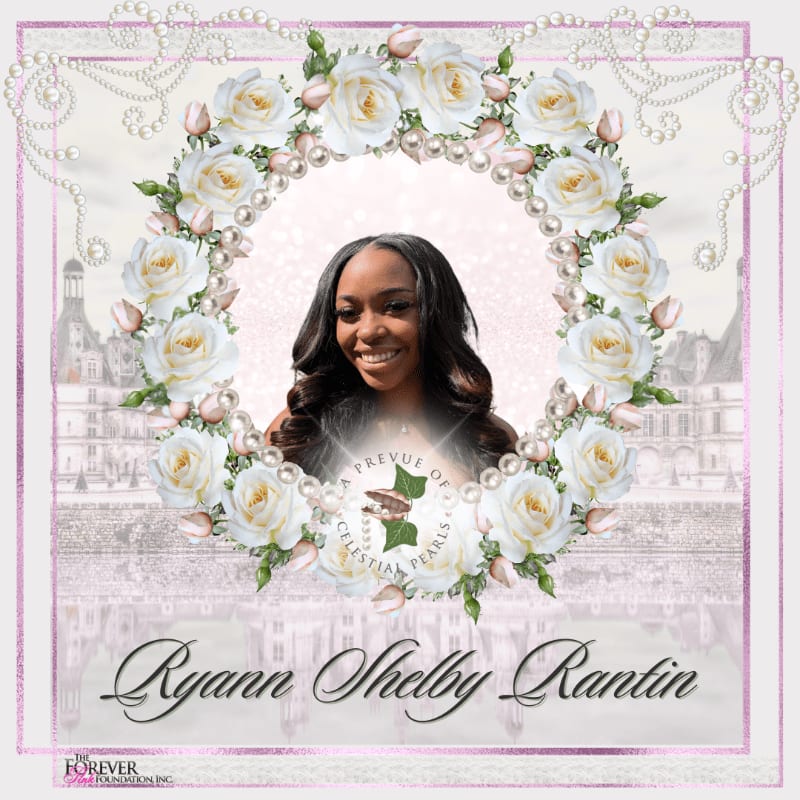 A young woman smiles from within a floral wreath of white roses and pearls, set against a backdrop of a castle and ornate border.