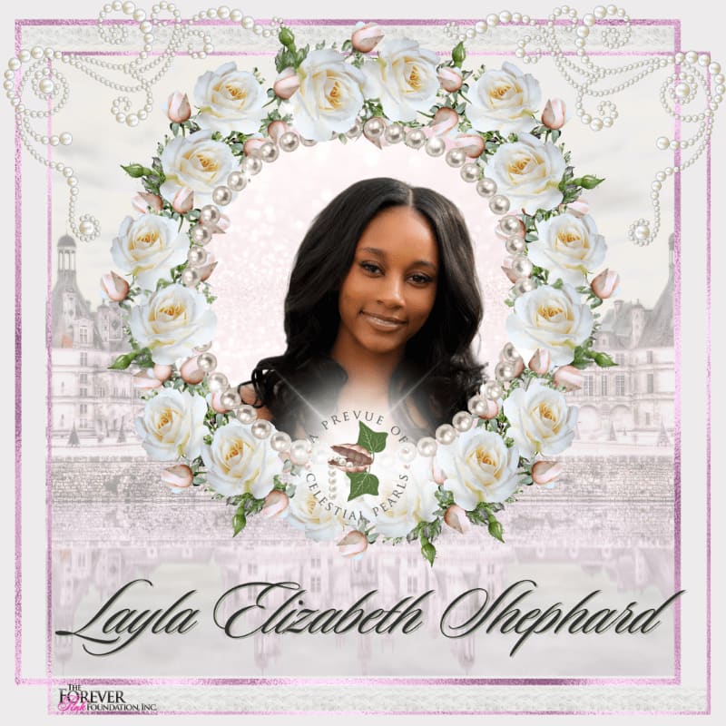 A portrait of Layla Elizabeth Shephard is framed by a wreath of white roses and pearls, set against a backdrop of a French chateau.