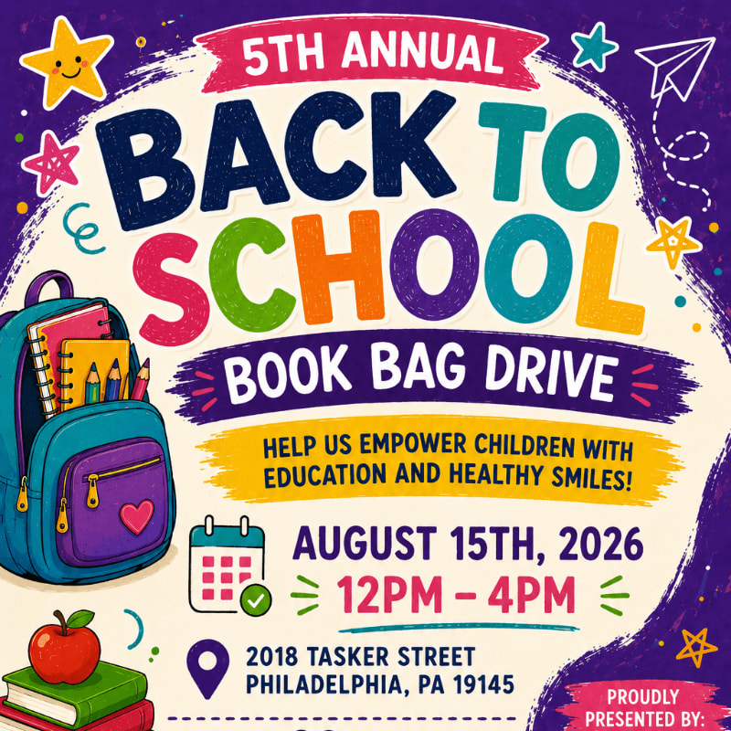 A colorful backpack filled with school supplies sits in the foreground against a vibrant background advertising the 5th Annual Back to School Book Bag Drive.