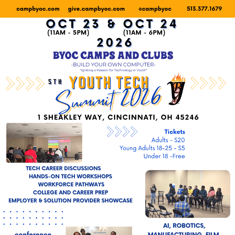 A flyer for the 5th Youth Tech Summit 2026 in Cincinnati, OH, features event details and ticket prices in the foreground, with photos of past events in the background.