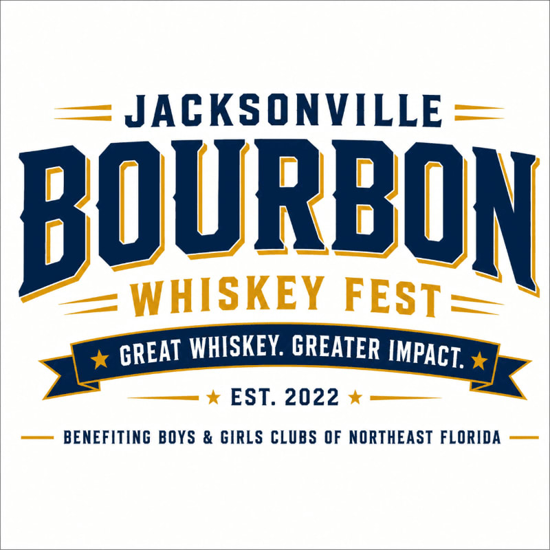 The foreground features bold, stylized text announcing the "Jacksonville Bourbon Whiskey Fest," while the background is a clean white space.