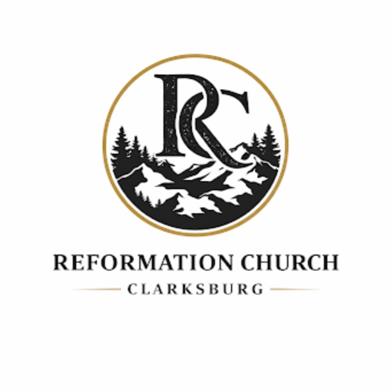 A circular logo with the letters "RC" in the foreground is set against a background of silhouetted mountains and pine trees, with the text "REFORMATION CHURCH CLARKSBURG" below.