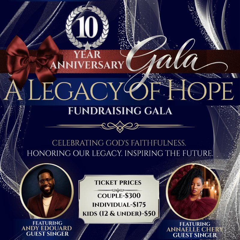 A dark blue background with swirling patterns and a red bow frames a poster for a 10-year anniversary fundraising gala titled "A Legacy of Hope," featuring two guest singers and ticket prices in the foreground.