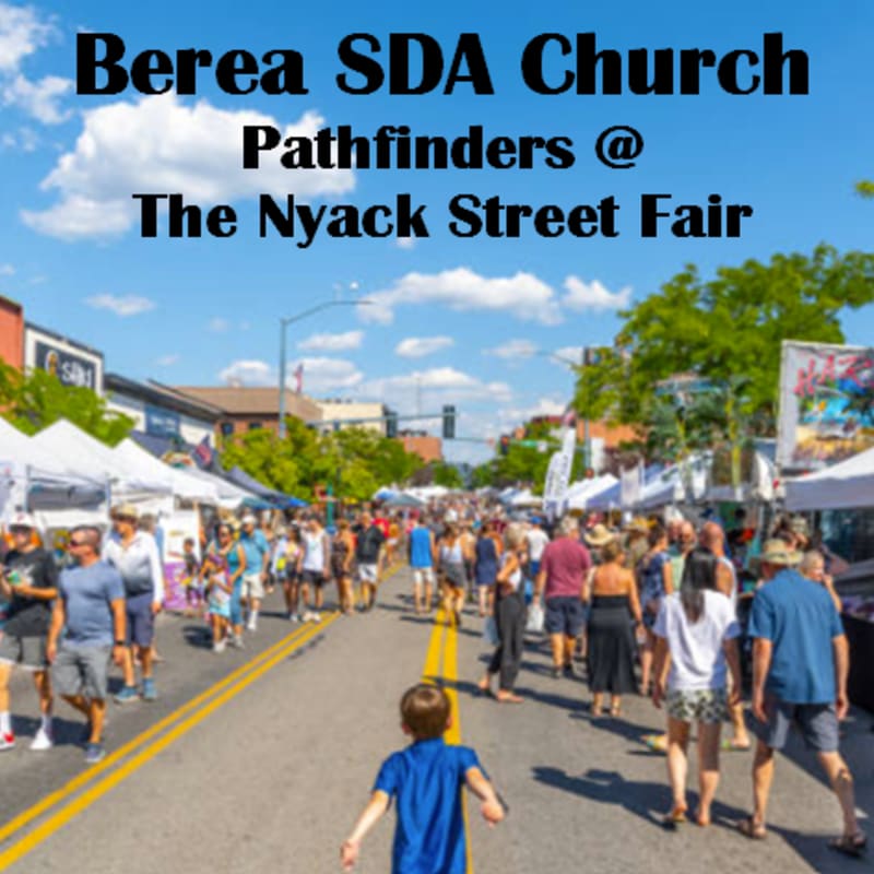 A young boy in a blue shirt walks away from the viewer down a crowded street fair lined with tents and people, under a bright blue sky with fluffy clouds.