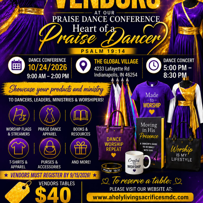 Purple robes frame a flyer advertising a praise dance conference with details about vendors, dates, and location.
