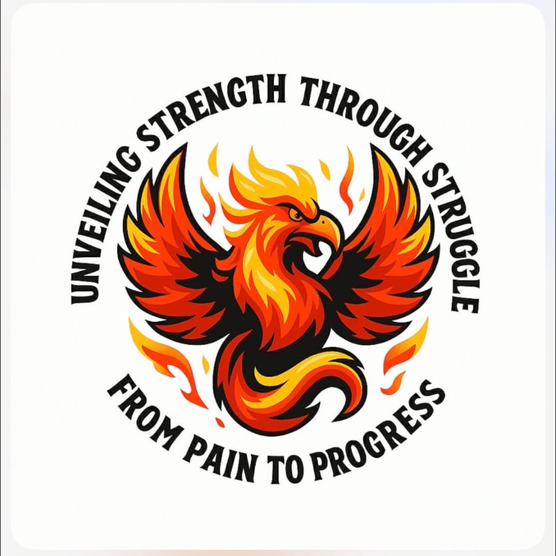 A fiery phoenix with outstretched wings is centered against a white background, surrounded by text that reads "UNVEILING STRENGTH THROUGH STRUGGLE FROM PAIN TO PROGRESS."