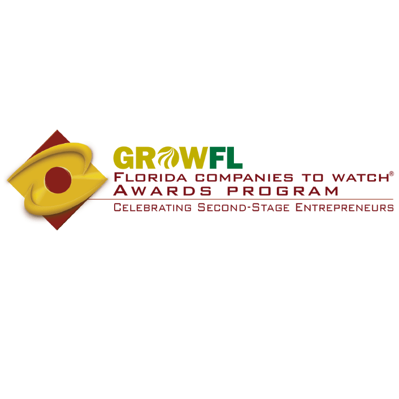 A stylized yellow eye with a red pupil is in the foreground, next to the text "GROWFL FLORIDA COMPANIES TO WATCH AWARDS PROGRAM CELEBRATING SECOND-STAGE ENTREPRENEURS" on a white background.