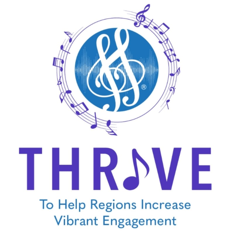A treble clef is centered within a blue circle surrounded by musical notes and the word "THRIVE" in large purple letters, with smaller text below reading "To Help Regions Increase Vibrant Engagement."