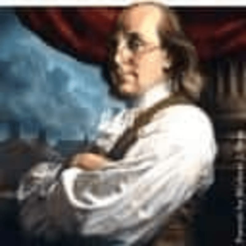 A portrait of Benjamin Franklin in the foreground is set against a backdrop of a cloudy sky and classical architecture.