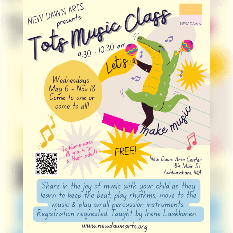 A green alligator happily plays maracas in the foreground, while the background features a yellow poster advertising a "Tots Music Class" with event details.