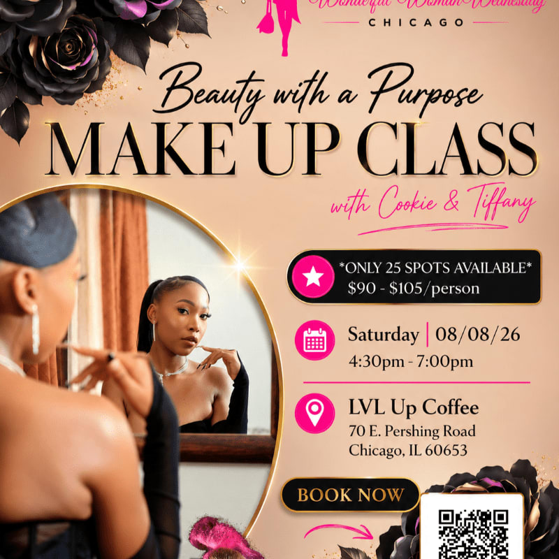 A makeup class flyer features a woman applying makeup in the foreground and decorative roses and event details in the background.