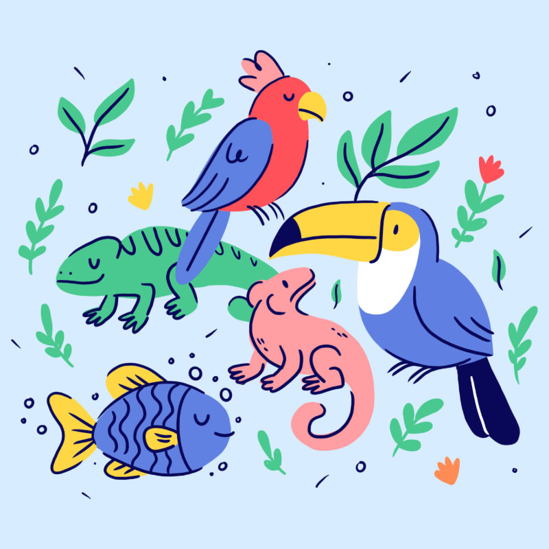 A blue fish, a pink lizard, a green chameleon, a red and blue parrot, and a blue and yellow toucan are surrounded by green leaves and small orange flowers against a light blue background.